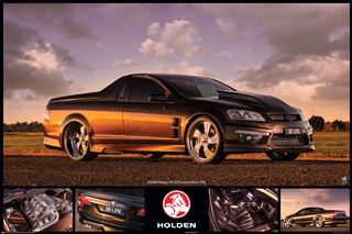 A CAR 014 Holden - HSV Maloo Ute pickup truck, styled in black and gold, is parked on a grassy field at sunset. The image includes close-ups of the engine, rear view, interior, and a red Holden logo. The sky is partly cloudy with warm lighting.