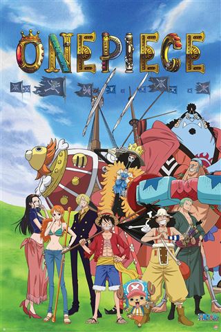 The "One Piece - Boat" poster by MTV 302 showcases the Straw Hat Pirates under a blue sky on premium 150gsm gloss paper. Featuring Luffy, Zoro, Nami, Usopp, Sanji, and Chopper with their iconic pirate ship in the background. Part of our exclusive Movies & TV Collection.