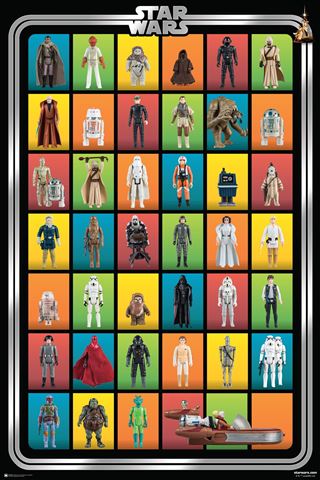 A grid of MTV 036 Star Wars Classic Dolls is arranged in rows under the Star Wars logo, displaying various characters, droids, aliens, stormtroopers, and a landspeeder against colorful backgrounds.