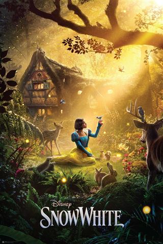 The "Snow White - One Sheet" by MTV 237 features Snow White in a forest, surrounded by wildlife. Seated in a yellow and blue dress with sunlight illuminating a cozy cottage nearby, she holds a bird on her hand while deer and rabbits gather around her.