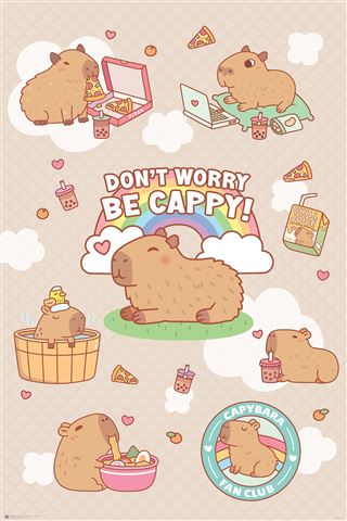 The Capybara Collage by ALT 004 features cheerful capybaras enjoying pizza, using a laptop, bathing with a duck, and sipping bubble tea. The text "Don't Worry Be Cappy" and "Capybara Fan Club" is adorned with hearts and food items for decoration.