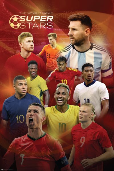 A vibrant sport poster by SPO 026 titled "Football Super Stars" showcasing nine famous male soccer players in their national jerseys on a dynamic red-orange background, printed on premium gloss paper.