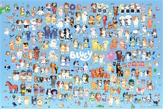 The KID 046 "Bluey - Characters" poster displays rows of colorful cartoon dogs from Bluey on a blue background, with "Bluey" in white at the center; each group has distinct outfits and colors.