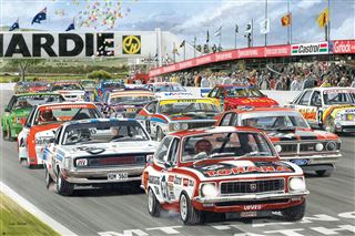 The "Mike Harbar - Bathurst Legends" by CAR 013 captures classic cars racing from the starting line, energetic crowds in the stands, waving flags, and colorful sponsor banners under a bright, partly cloudy sky.