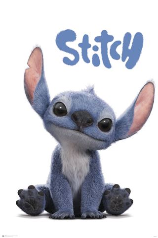 A cute blue alien named Stitch from KID 015’s "Lilo and Stitch Live Action" sits, smiling with big ears and wide eyes. "Stitch" is written in blue above him on a white background—perfect for any Movies & TV Collection.