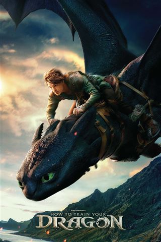 A young rider soars on a black, green-eyed dragon over mountains and water beneath a dramatic sky. The title “How to Train Your Dragon - Live Action” by MTV 171 appears at the bottom.