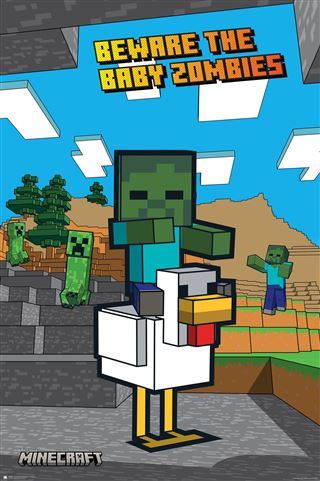 The Minecraft Chicken Jockey poster by GAM 010 shows a baby zombie on a chicken with creepers behind. "BEWARE THE BABY ZOMBIES" is at the top, the Minecraft logo below, and it's printed on premium 150gsm gloss paper. Perfect for gaming fans!.