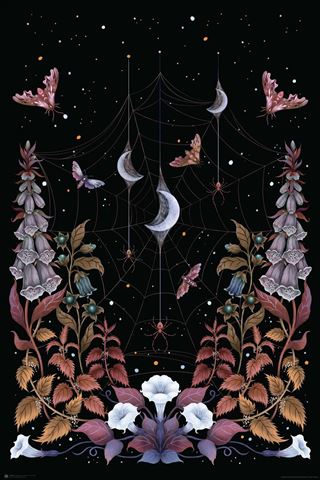 The Episodic Drawing - Witchy Garden by ART 030 showcases crescent moons, spiders, and moths on a web amid blooming flowers and leaves, all set against a dark, starry night sky.