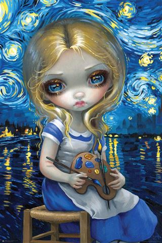 A sad girl with big blue eyes and blonde hair sits on a stool, holding a painter’s palette and brushes. Behind her, the night sky and water evoke Van Gogh in ART 021’s "Jasmine Becket-Griffith - Starry Night.
