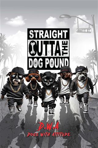 Five dogs in black streetwear, gold chains, and sunglasses strut down the city. A sign behind them reads "Straight Outta The Dog Pound" with "Mutt St." below. Bottom text: D.S Valori - Dog Pound by ART 084.