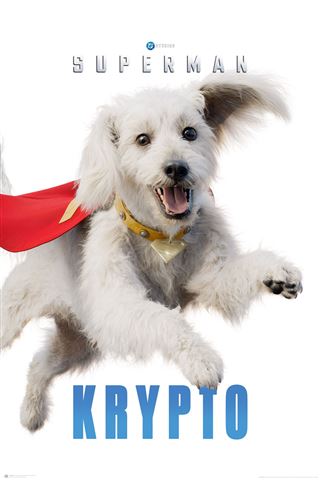 A cheerful white cartoon dog, "Krypto," leaps in a red cape and yellow collar. "Superman Movie - Krypto" by MTV 132 is featured in bold blue and silver—ideal for any Movies & TV or DC Universe poster collection.