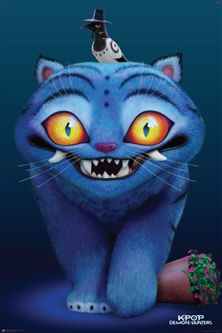 A mischievous large blue cat with yellow eyes, fangs, and black stripes from K-Pop Demon Hunters - Derpy (MTV 027) grins as a hatted black and white bird perches on its head; a toppled plant sits nearby on a Premium Gloss Movie Poster.