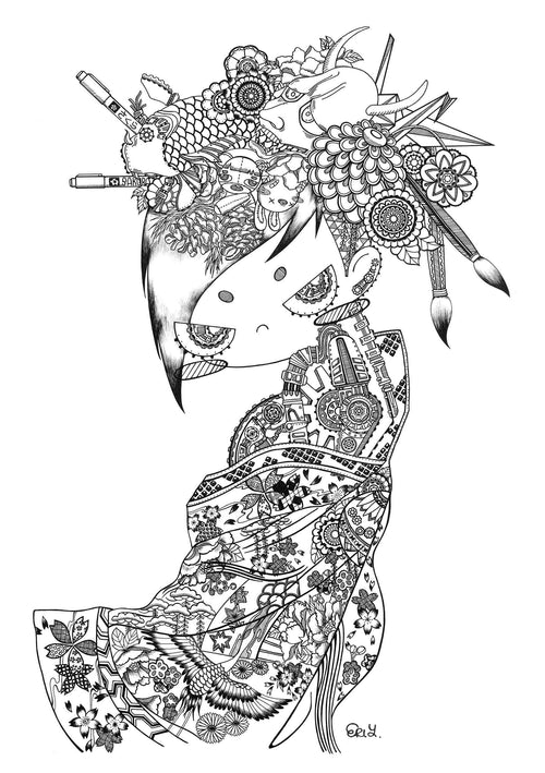 Ima No Watashi by Eri Yamaguchi from Blue Dog Posters features black and white line art depicting a stylized character in a detailed kimono, with an intricate hairstyle adorned with flowers, leaves, and traditional accessories such as chopsticks and brushes. Part of the Little Art series, this piece would look exquisite in Deluxe Postcard Frames.