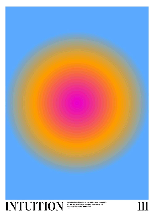 The digital artwork "Intuition by Tiger Spirit," created by fap, displays "INTUITION" at the bottom left and "111" at the bottom right. This captivating art print features a central gradient circular pattern with colors transitioning from pink to purple to orange, and finally to blue towards the edges, all set against a solid blue background. It is part of the Tiger Spirit Prints collection.