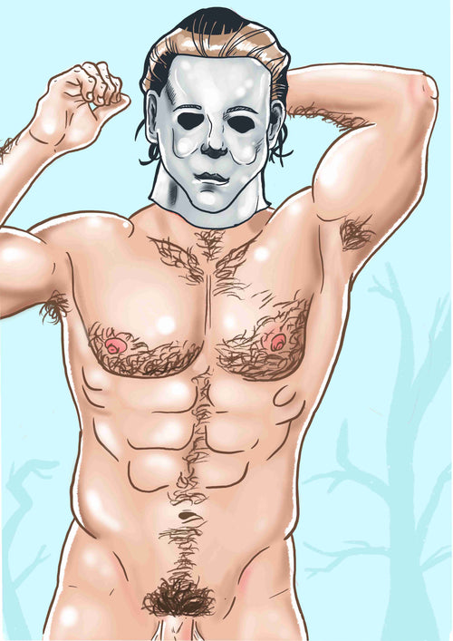 An illustration titled "Mask for Mask by Miles Illustrated," features a muscular, shirtless person with chest and abdominal hair wearing an expressionless white mask, arms raised against a light blue background. Available from Blue Dog Posters.