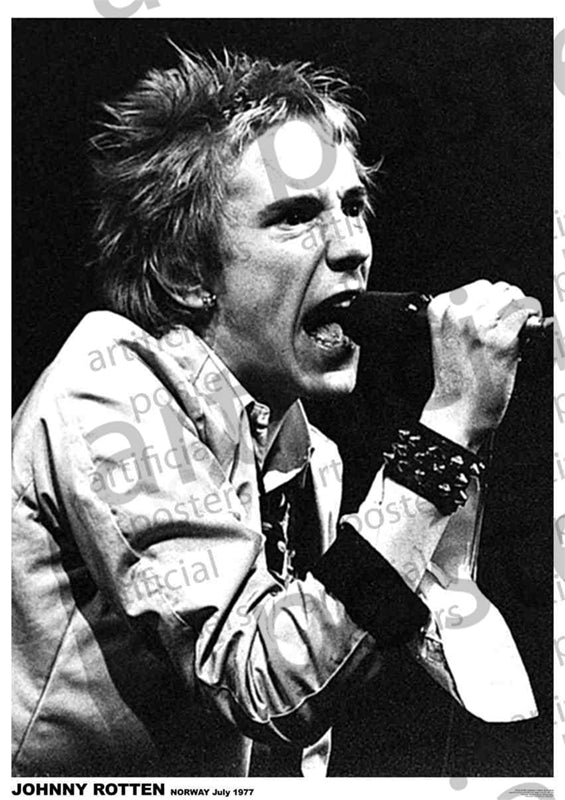 Black and white photo of a person passionately singing into a microphone, wearing a studded wristband and showing an intense expression. The text overlay reads "JOHNNY ROTTEN NORWAY July 77" along the bottom, with watermarks visible across the image—a striking addition to any music collection from MUS 300.