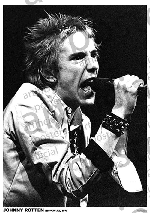 Black and white photo of a person passionately singing into a microphone, wearing a studded wristband and showing an intense expression. The text overlay reads "JOHNNY ROTTEN NORWAY July 77" along the bottom, with watermarks visible across the image—a striking addition to any music collection from MUS 300.