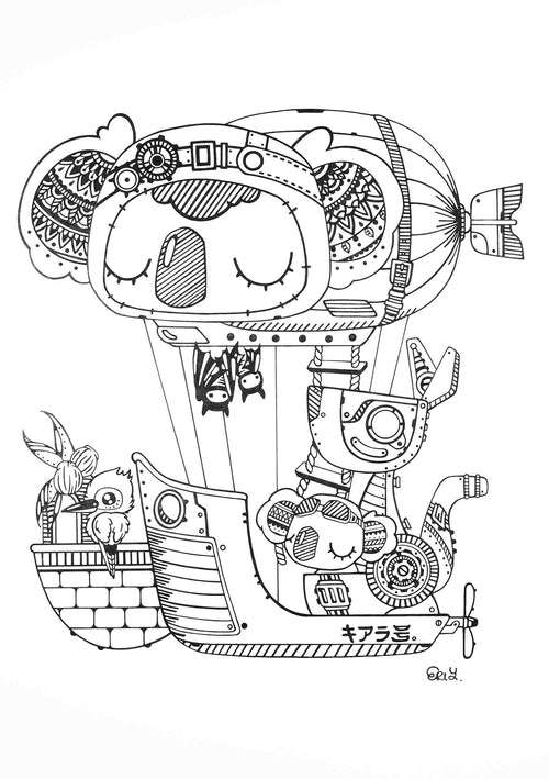 Kiala by Eri Yamaguchi from Blue Dog Posters features a whimsical black-and-white drawing of a steampunk-style airship with a large koala head-shaped balloon. Suspended below is a detailed ship with an owl and two smaller koalas, adorned with vintage gears, pipes, and intricate patterns. This piece is perfect for the Little Art series mini prints collection.