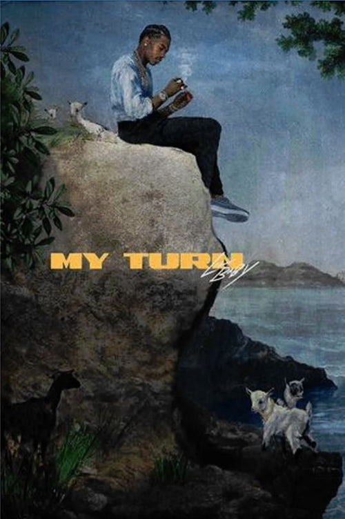 A person writes in a notebook on a rocky ocean cliff with goats nearby. Bold yellow "MY TURN" text adds Rap poster flair, making this MUS 156 Lil Baby - My Turn wall art the perfect vibe for any stylish music space.
