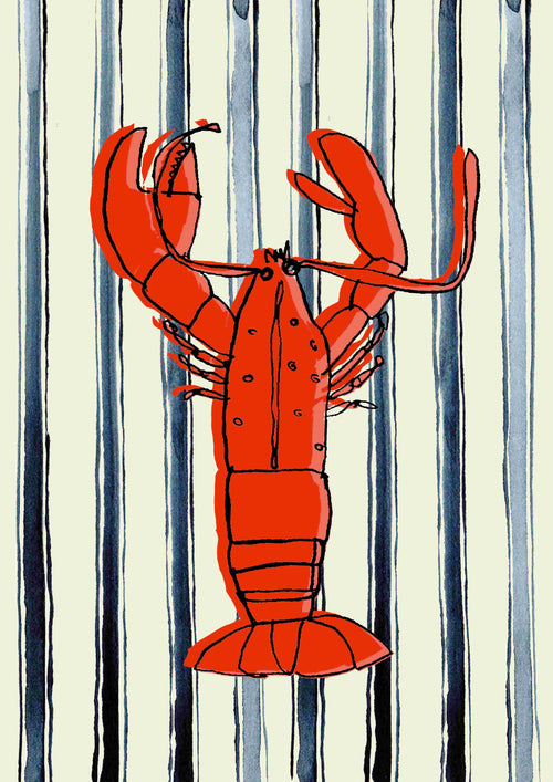 Illustration of a bright red lobster centered against a black and white striped background. The "Lobster by Poet & Painter" art print from fap, with its detailed claws, antennae, and body sections, stands out vividly against the vertical, zebra-like stripes. Part of the Featured Artists Collection celebrating UK Poet and Painter.