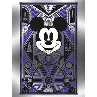 Art Deco style portrait of Mickey Mouse in black and white, with a purple and silver background. The symmetrically patterned backdrop includes scissors, a sailboat, and iconic Disney elements. Commemorating DISNEY'S 100TH ANNIVERSARY, the lower part features a ship's wheel and the number 100. Printed on PhotoArt Gloss Poster Paper, this stunning Mickey Mouse WALL POSTER is known as the "Disney 100 - Mickey Mouse Metallic Print (30x40cm)" from Blue Dog Posters.