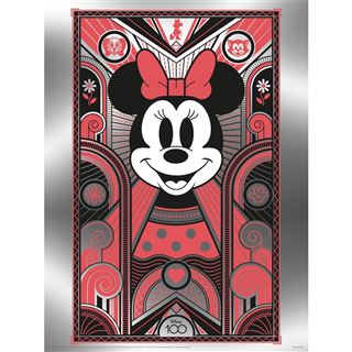 Embrace the magic of Disney's 100th Anniversary with a stunning Art Deco-inspired piece, featuring Minnie Mouse adorned in her iconic big red bow and polka dot attire amidst black, silver, and red geometric patterns. This charming wall poster from Blue Dog Posters is printed on high-quality PhotoArt Gloss Poster Paper and titled "Disney 100 - Minnie Mouse Metallic Print," measuring 30x40 cm.