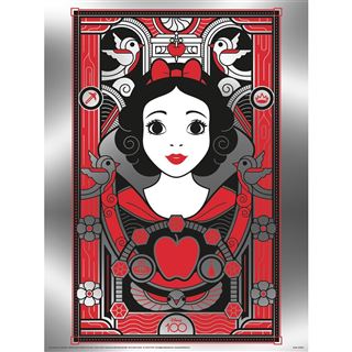 Introducing the Disney 100 - Snow White Metallic Print by Blue Dog Posters: a stylized portrait of Snow White in an art deco style, featuring a red, black, and grey color scheme. Positioned at the center with ornate patterns, birds, and apples surrounding her, this print celebrates Disney's 100th Anniversary with "100" elegantly displayed at the bottom. Printed on premium PhotoArt Gloss Poster Paper for a stunning finish.