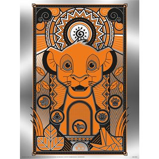 The Disney 100 - Simba Metallic Print 30x40cm by Blue Dog Posters showcases an abstract depiction of a stylized orange lion's face with geometric patterns. Enhanced with tribal designs and nature motifs, this artwork commemorates the Disney 100th Anniversary. Printed on high-quality PhotoArt Gloss Poster Paper, it brings vibrant charm to any space.