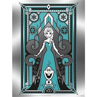 A stylized Art Deco illustration featuring a woman in a flowing blue dress, adorned with intricate patterns and snowflakes surrounding her. Below her, a cheerful snowman stands with a big smile. This Disney 100 - Elsa Metallic Print by Blue Dog Posters, celebrating Disney's 100th Anniversary, is rendered in shades of blue, black, and white on PhotoArt Gloss Poster Paper and measures 30x40cm.
