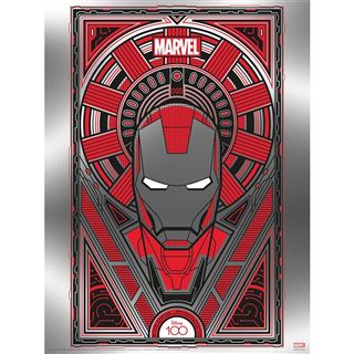 The Disney 100 - Iron Man Metallic Print by Blue Dog Posters features a stylized, geometric design of Iron Man’s helmet. Printed on PhotoArt Gloss Poster Paper, the 30x40cm piece showcases intricate patterns in predominantly red, black, and gray colors with the Marvel logo at the top. This artwork commemorates Disney's 100th anniversary.