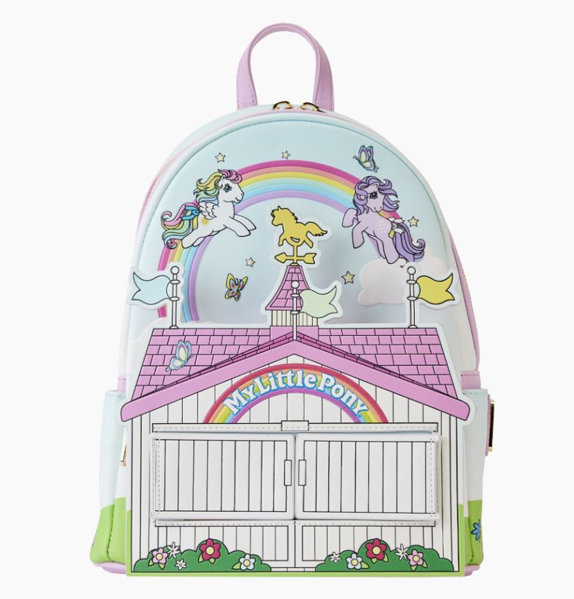 Celebrate the magic of friendship with the 40th Anniversary My Little Pony Stable Mini Backpack by Blue Dog Posters. This Loungefly mini backpack showcases a vibrant theme featuring illustrations of three ponies above a charming stable, complete with rainbows and butterflies against pink rooftops adorned with small flags.