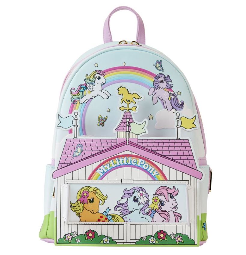 Join the celebration with the My Little Pony Stable Mini Backpack by Blue Dog Posters. This vibrant accessory features pastel illustrations of cartoon ponies beneath a rainbow, and the front is adorned with a barn scene, complete with "My Little Pony" on a pink roof, whimsical butterflies, and flowers.