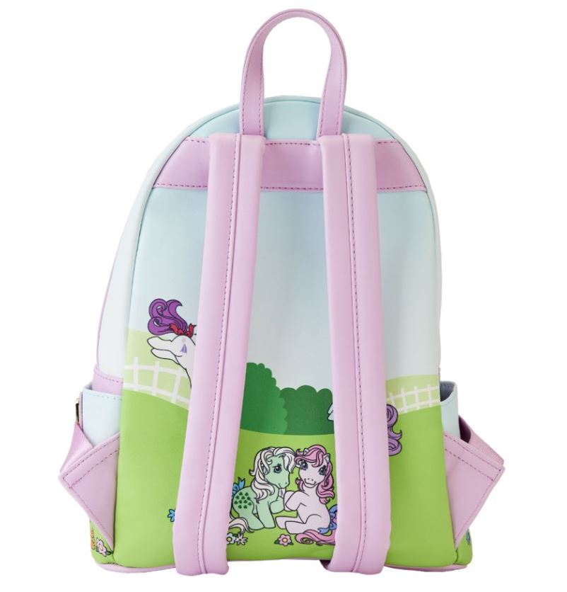 Introducing the My Little Pony Stable Mini Backpack by Blue Dog Posters, a pastel-colored children's accessory with light pink straps. This delightful backpack showcases a whimsical design of unicorns and lush greenery set against a serene light blue and green background, making it perfect for any My Little Pony enthusiast.