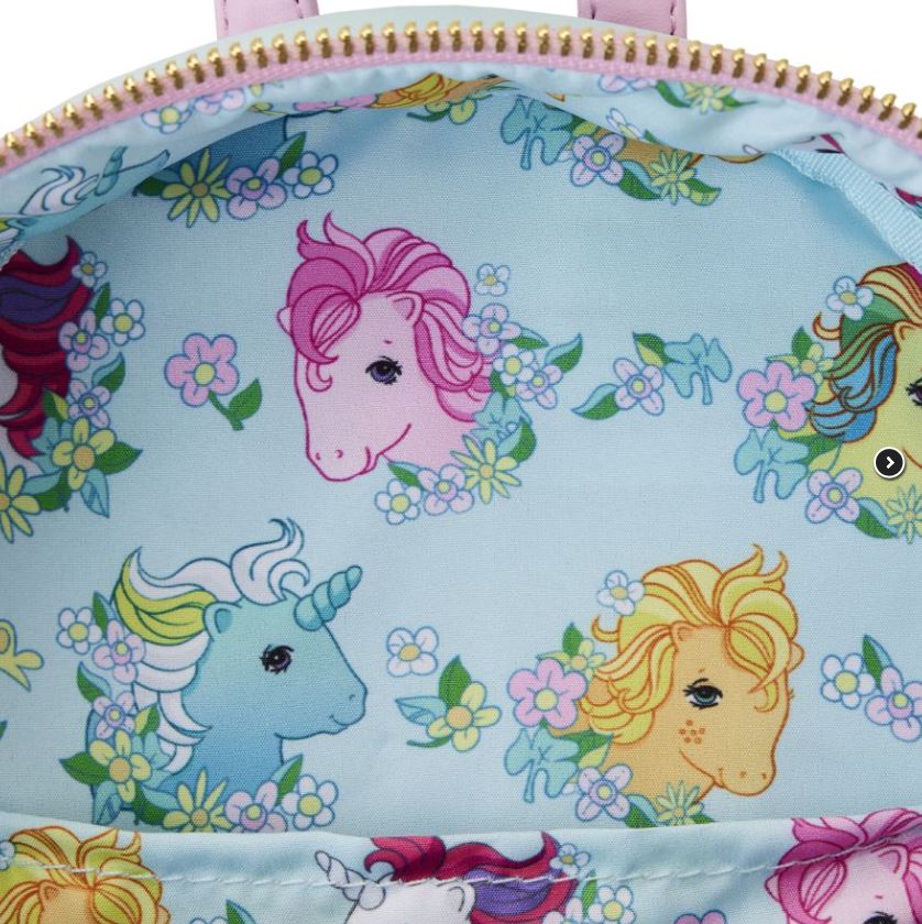 Zooming in on a vibrant fabric design that captures the essence of My Little Pony's enchantment, this pattern showcases cartoon unicorn faces with flowing manes. The pastel-colored unicorns are set amid tiny flowers on a light turquoise backdrop, reminiscent of the playful and whimsical aesthetic found in Blue Dog Posters' My Little Pony Stable Mini Backpack.