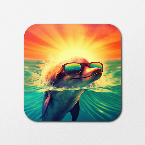 The Flouro Dolphin Coaster by Blue Dog Posters features a playful scene where a dolphin in sunglasses emerges from the water against a vibrant sunset of orange and pink hues, creating a surreal atmosphere.
