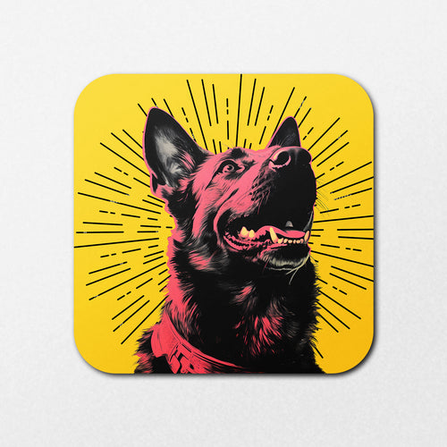 The Dog Rays Coaster by Blue Dog Posters showcases a pop art style illustration of a German Shepherd with bright pink and black details on a yellow background, featuring an open mouth, perked ears, and sunburst lines for a dynamic effect.