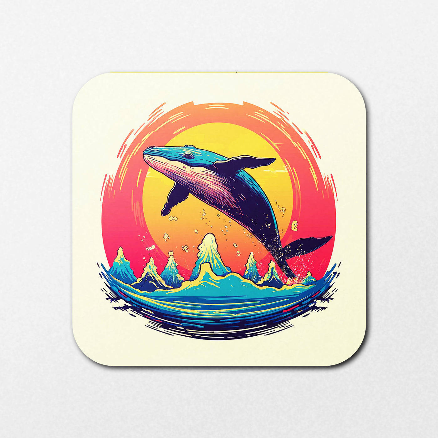 The Flouro Whale Coaster by Blue Dog Posters features a circular design with a whale leaping from stylized ocean waves against a vibrant sunset backdrop in shades of orange and pink.