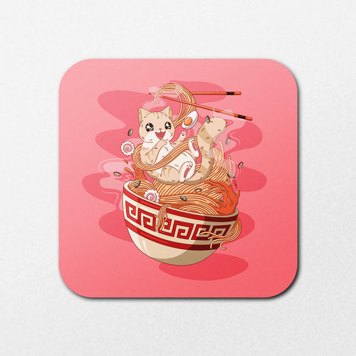 The Pink Ramen Coaster by Blue Dog Posters features a cute illustration of a cat lounging in a ramen bowl with chopsticks, noodles swirling around, pink fish cakes, all set against a soft pink background.