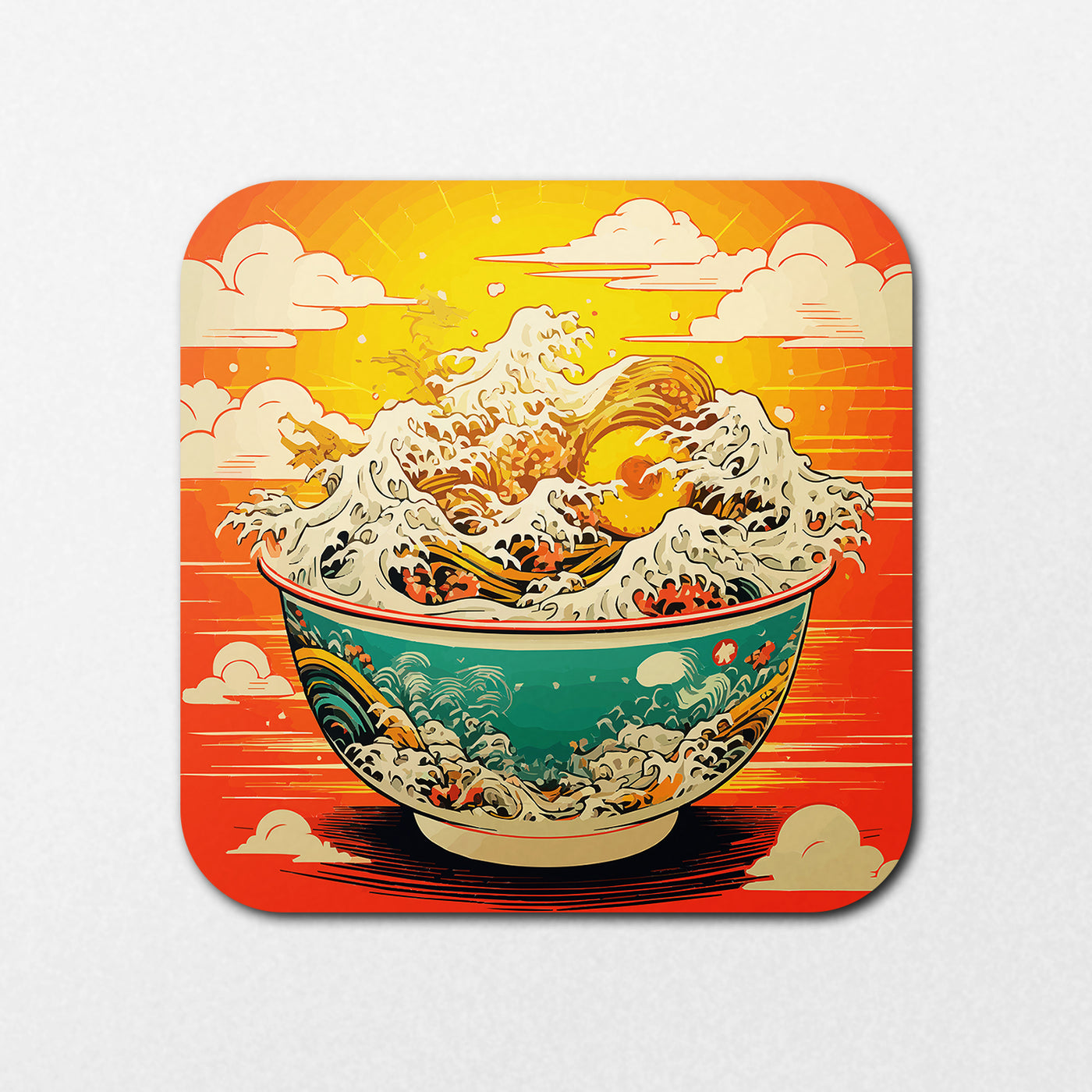 The Sunset Ramen Coaster from Blue Dog Posters depicts a large ceramic bowl with swirling waves akin to a stormy sea, set against a vibrant sky filled with orange, yellow, and white clouds, blending elements of nature and home.