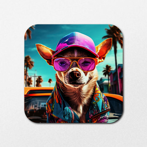 The Miami Chihuahua Coaster by Blue Dog Posters features a chihuahua in a colorful shirt, pink sunglasses, and a purple cap standing before an orange car on a sunny palm-lined street with vibrant buildings.