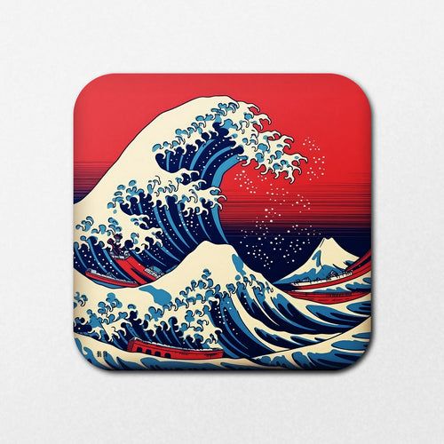 The Great Wave Red Coaster by Blue Dog Posters features a large, stylized wave set against a red sky, capturing the essence of Japanese art. A small boat navigates the water with a distant mountain backdrop.