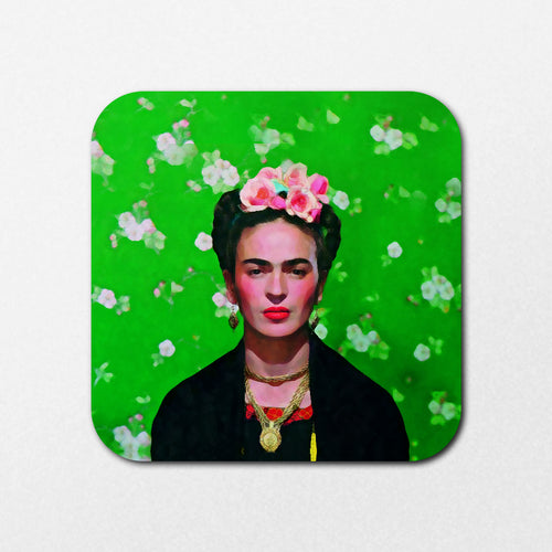 Add the FRida Flowers Coaster by Blue Dog Posters to your homeware collection—this painted portrait of a woman with floral hair, bold jewelry, and a black dress pops against a green backdrop, making it a perfect functional and artistic accent.