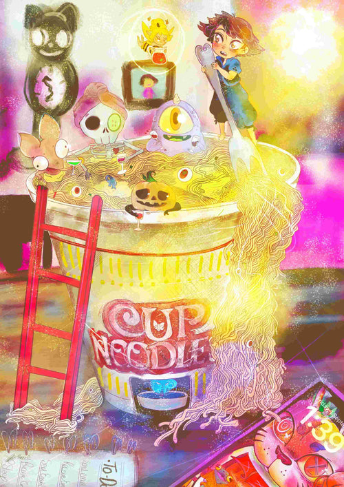 A child stands atop an oversized cup of noodles with a large fork, surrounded by cute, quirky monsters. Bright and colorful, the scene includes a red ladder, spilled noodles, and a dreamy atmosphere evoking fantasy and playfulness. This Art Print from fap's Featured Artists Collection is titled "Meal of Champions" by MadDog Ink and is printed on 250gsm Satin Paper.