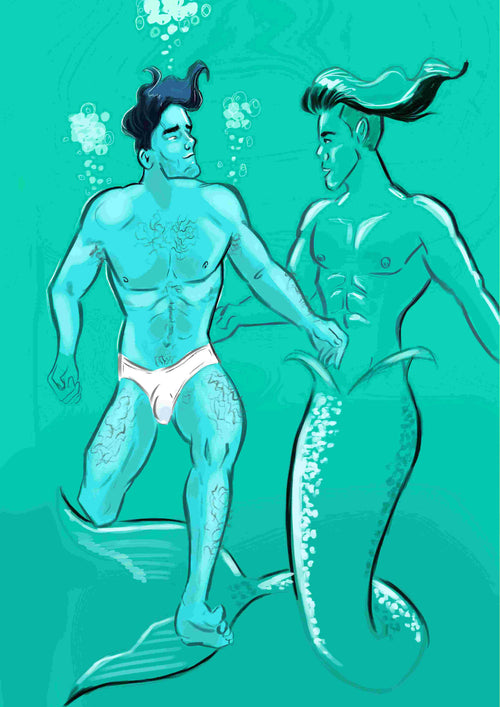 In "Splash by Miles Illustrated" from Blue Dog Posters, two mermen with varying hair lengths float underwater against a teal background, one in white briefs with a blue tail and the other with a green tail. They hold hands amidst bubbles.