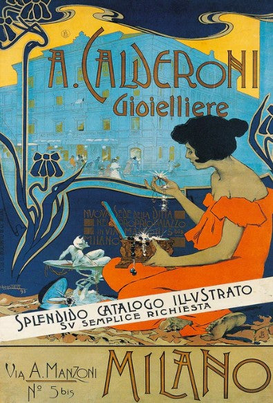 The ART 026 "Milano" poster features a woman in an orange dress admiring jewelry, set among elegant floral patterns and decorative Italian text—a striking vintage-style Art Nouveau decor piece.