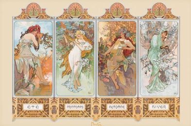 The ART 109 "Mucha - 4 Seasons" poster showcases four women personifying summer, spring, autumn, and winter in ornate Art Nouveau panels with flowers and French labels—ideal Art & Decor for any space.