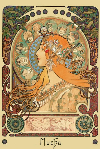 The Mucha Zodiac Art & Decor Poster by ART 027 features an Art Nouveau woman with flowing orange hair and ornate headdress, surrounded by a zodiac wheel. "Mucha" appears below amid floral designs—perfect for vintage style lovers.