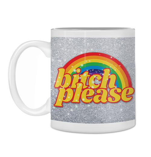 Introducing the "Hustle and Co Mug - Bitch Please" by Blue Dog Posters: a white coffee mug from our Homewares Collection, featuring a glittery silver background adorned with the bold phrase "bitch please" in striking yellow and red letters. The text is set against a vibrant rainbow graphic, ensuring it stands out. Plus, this stylish mug is dishwasher safe for your convenience.