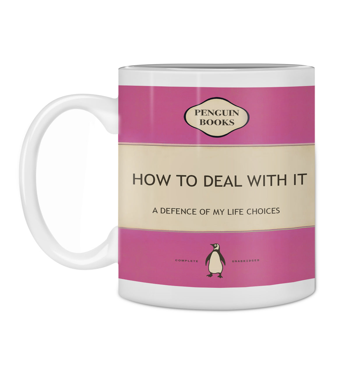 Part of our Homewares Collection, the Hustle & Co Book Mug - Deal With It by Blue Dog Posters features a white ceramic design that mimics a Penguin Books cover. Titled "HOW TO DEAL WITH IT: A DEFENCE OF MY LIFE CHOICES," it showcases the iconic logo and walking penguin graphic. Plus, it's dishwasher safe for easy cleaning.