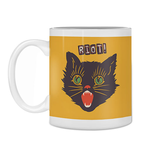 The Hustle and Co Mug - Riot Cat from Blue Dog Posters features an illustration of a black cat's head with green eyes and a wide-open, red mouth, appearing to be hissing. Above the cat, the word "RIOT!" is written in bold, stylized letters against a yellow background. This white ceramic mug from our Homewares Collection is dishwasher-safe, making it both stylish and practical.